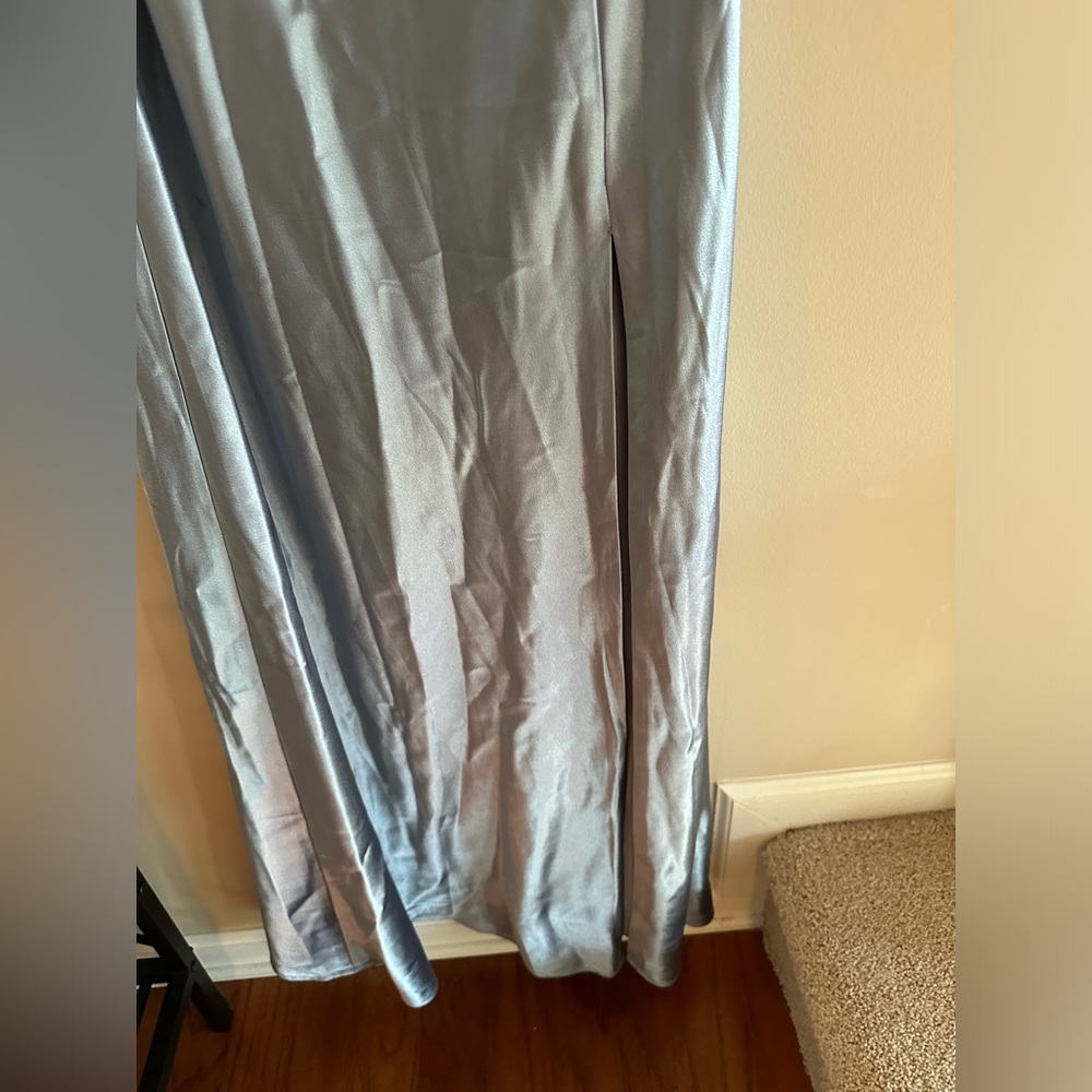 Birdy Gray light dusty blue satin strapless bridesmaids gown with slit sz S - Picture 5 of 8